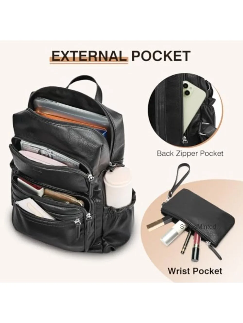 Vintage PU Leather Convertible Backpack with Wristlet, 3-in-1 Carry